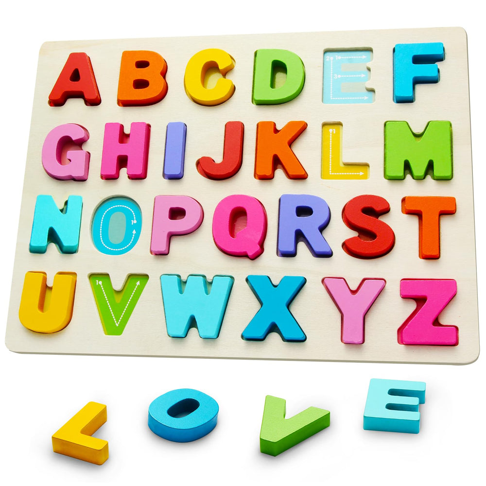 JOLSNAF wooden ABC puzzle - front view promotes early literacy with safe rounded edges.