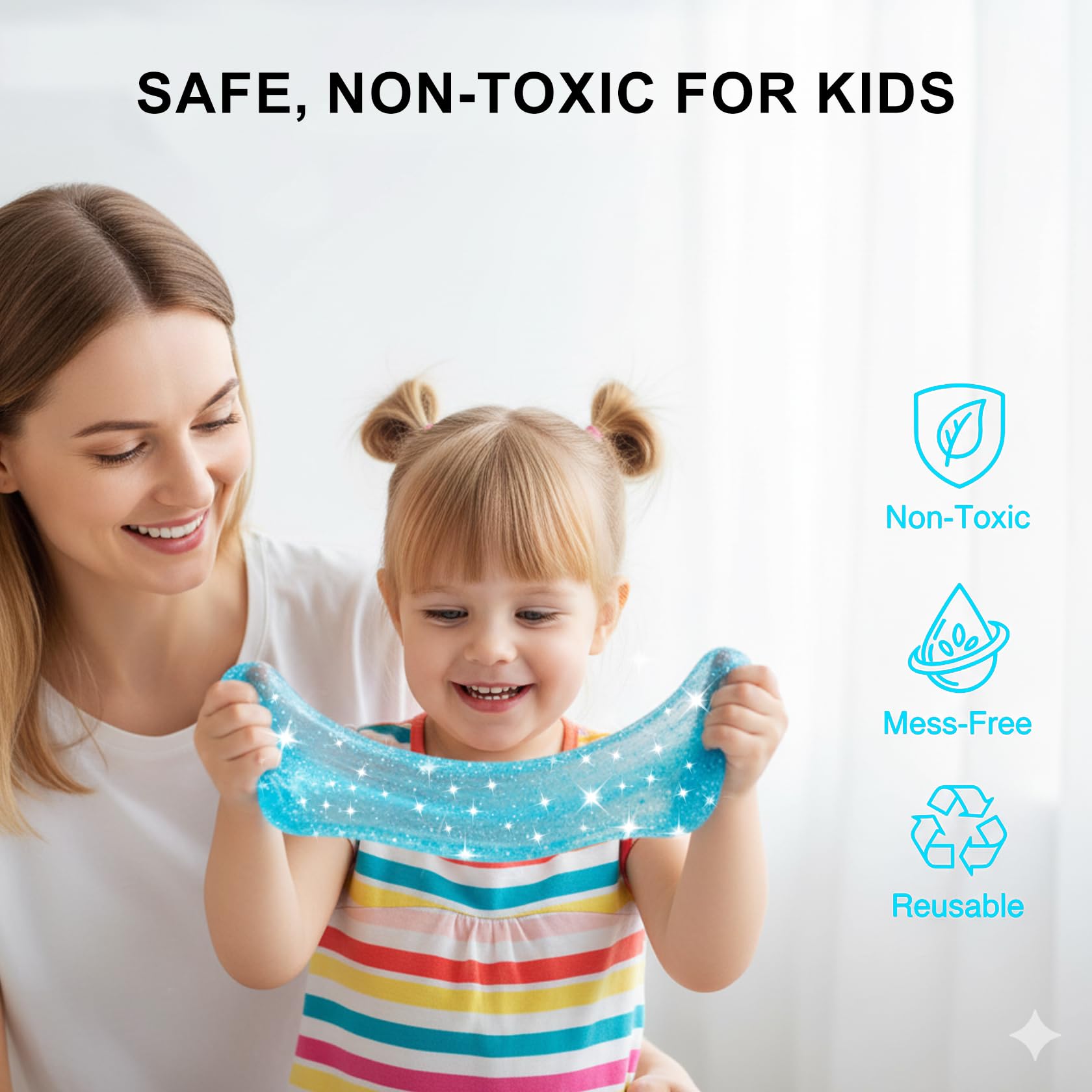 Jomi & Jolly blue slime ball for calming sensory activity.