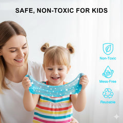 Jomi & Jolly blue slime ball for calming sensory activity.