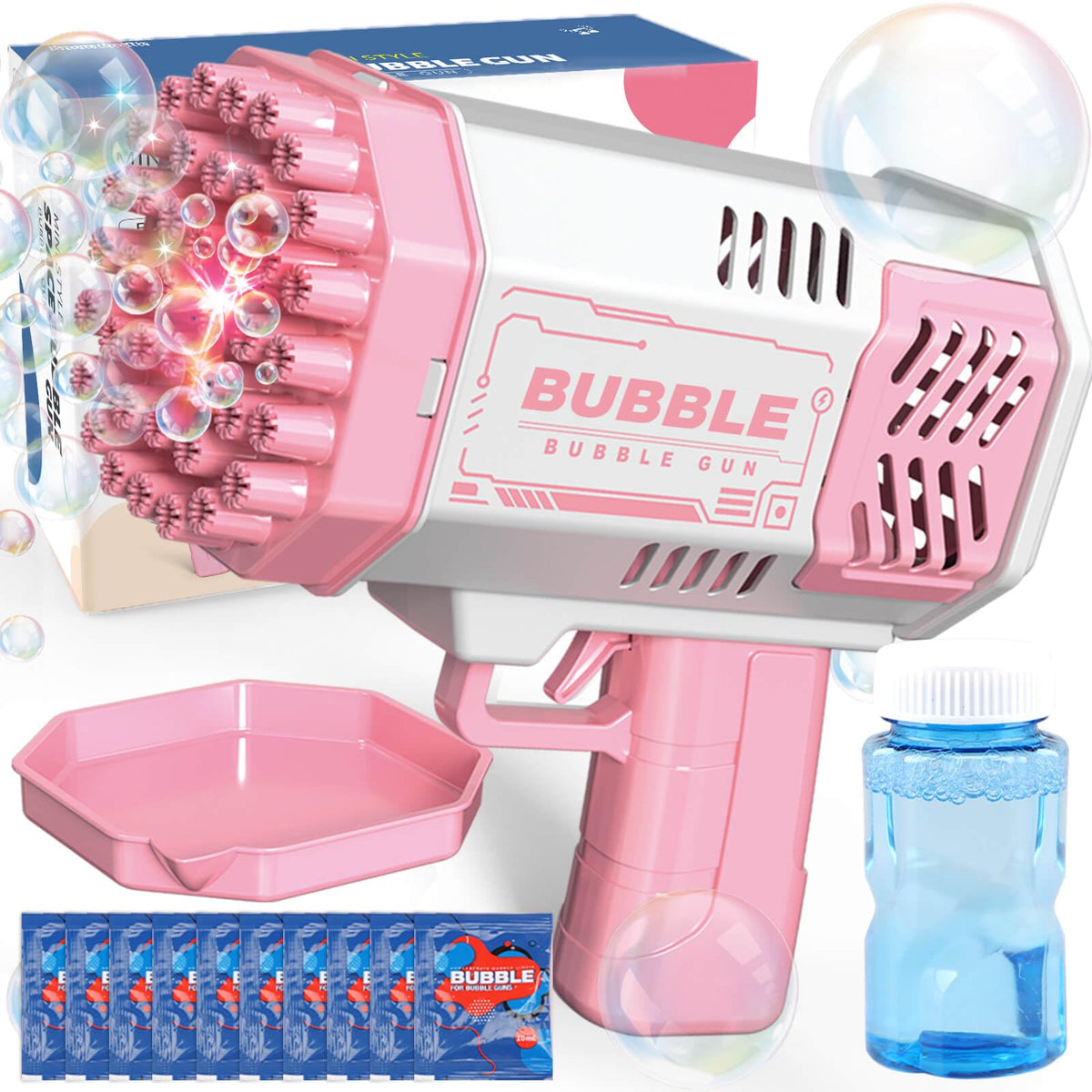 JONEG bubble-machine in action with blue and pink bubbles outdoors