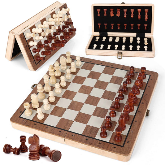 Joneytech wooden chess set with foldable board for secure travel play