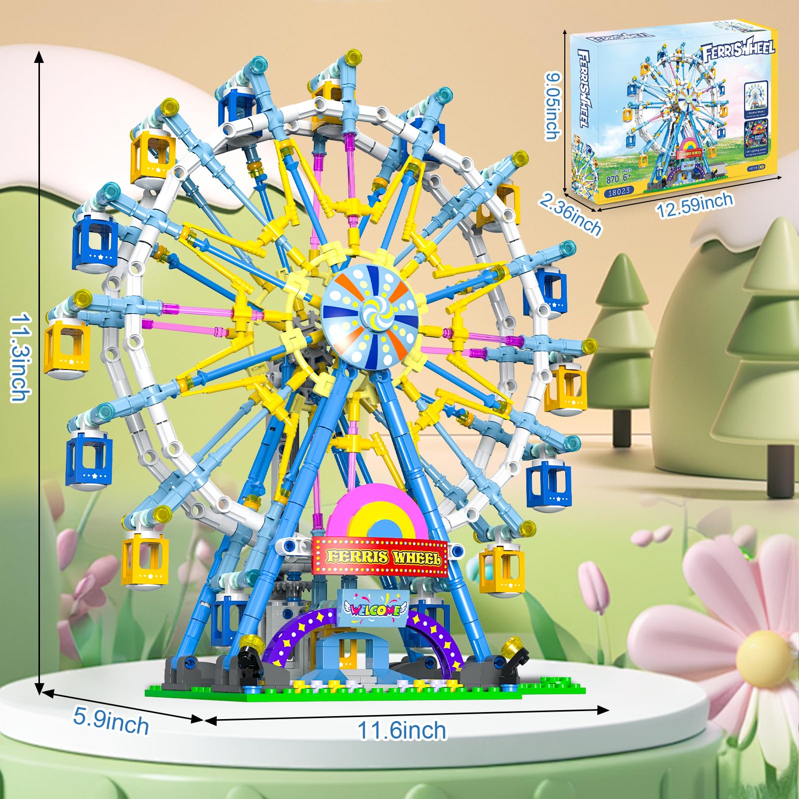 Joniuuca Ferris wheel lights enhance night-time display and interactive play.