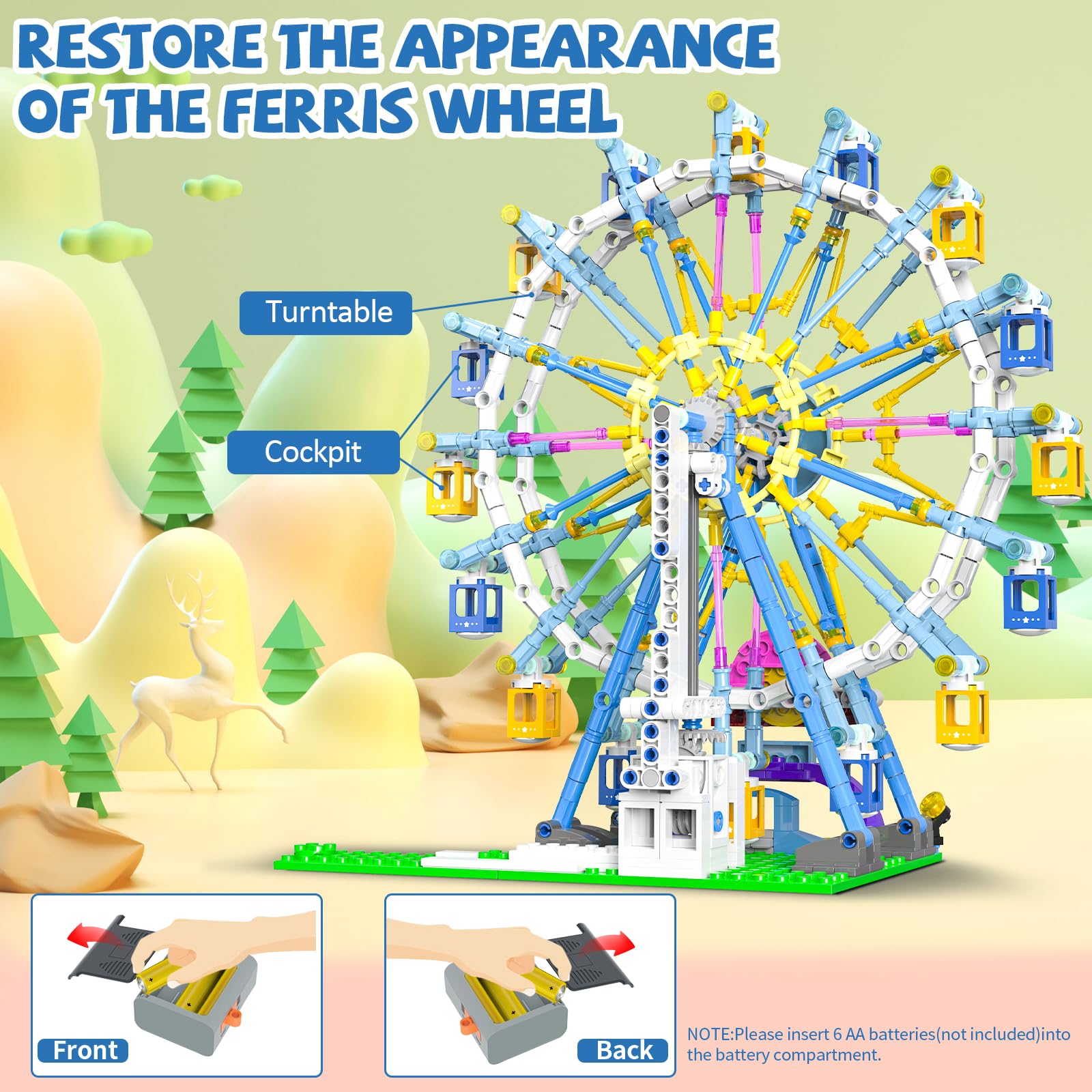Joniuuca motorized rotation brings the Ferris wheel to life for dynamic pretend play.