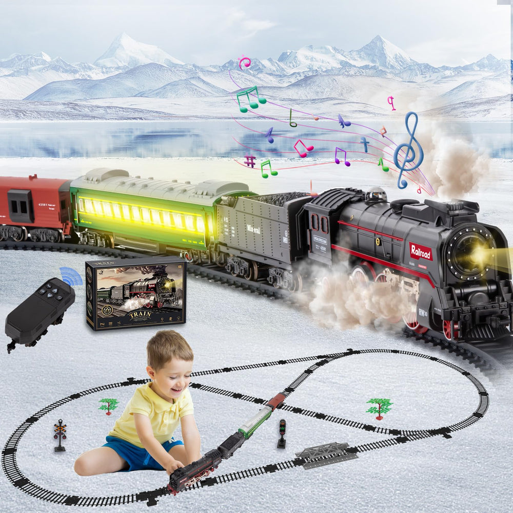 Jonrryin electric train locomotive with smoke and lights for immersive nighttime play.