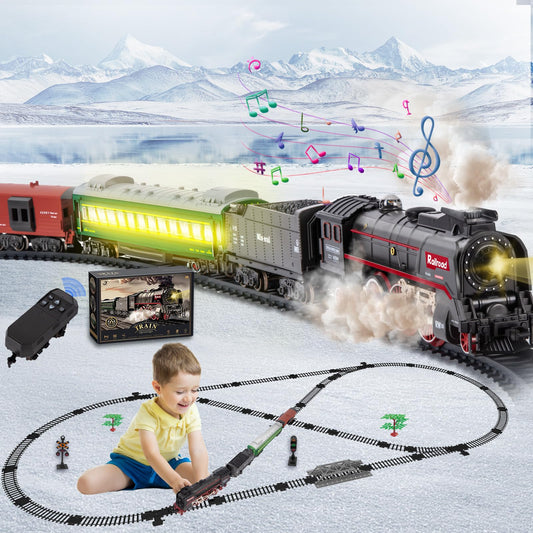 Jonrryin electric train locomotive with smoke and lights for immersive nighttime play.