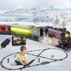 Jonrryin electric train locomotive with smoke and lights for immersive nighttime play.