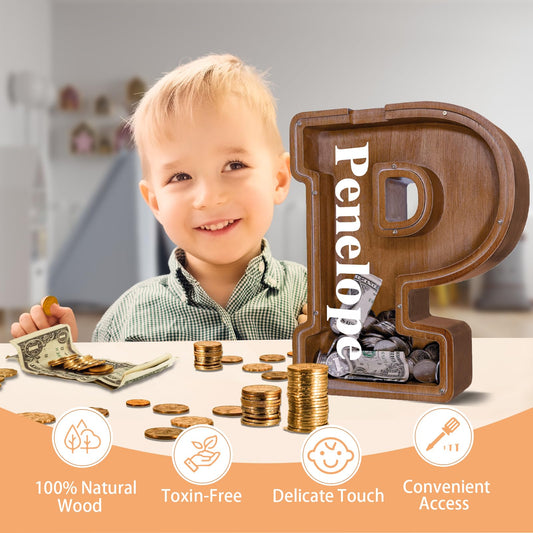 JOOMLAFLY 12-inch letter bank on table, ready to store coins for simple saving.