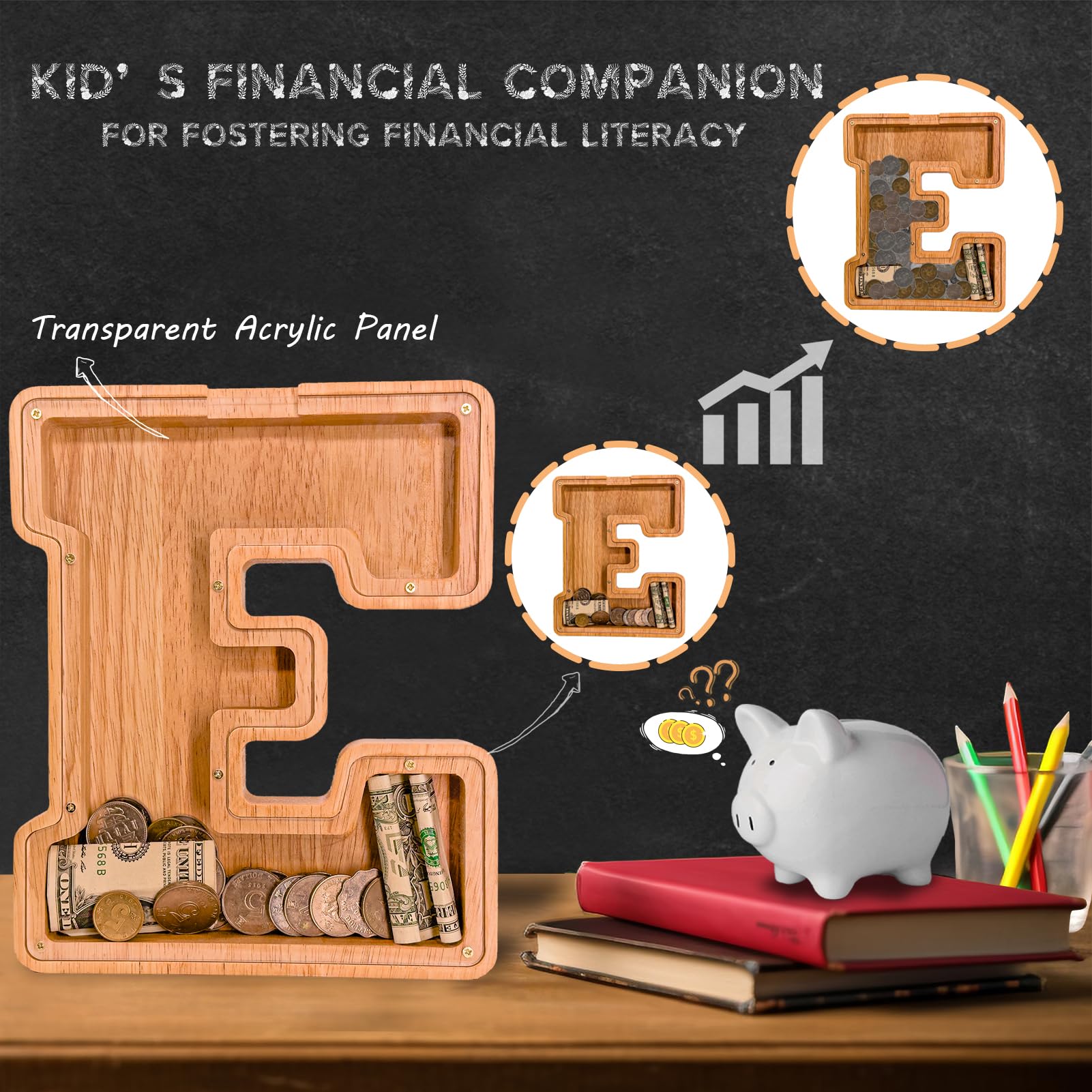Clear acrylic savings panel on JOOMLAFLY bank helps kids track progress.