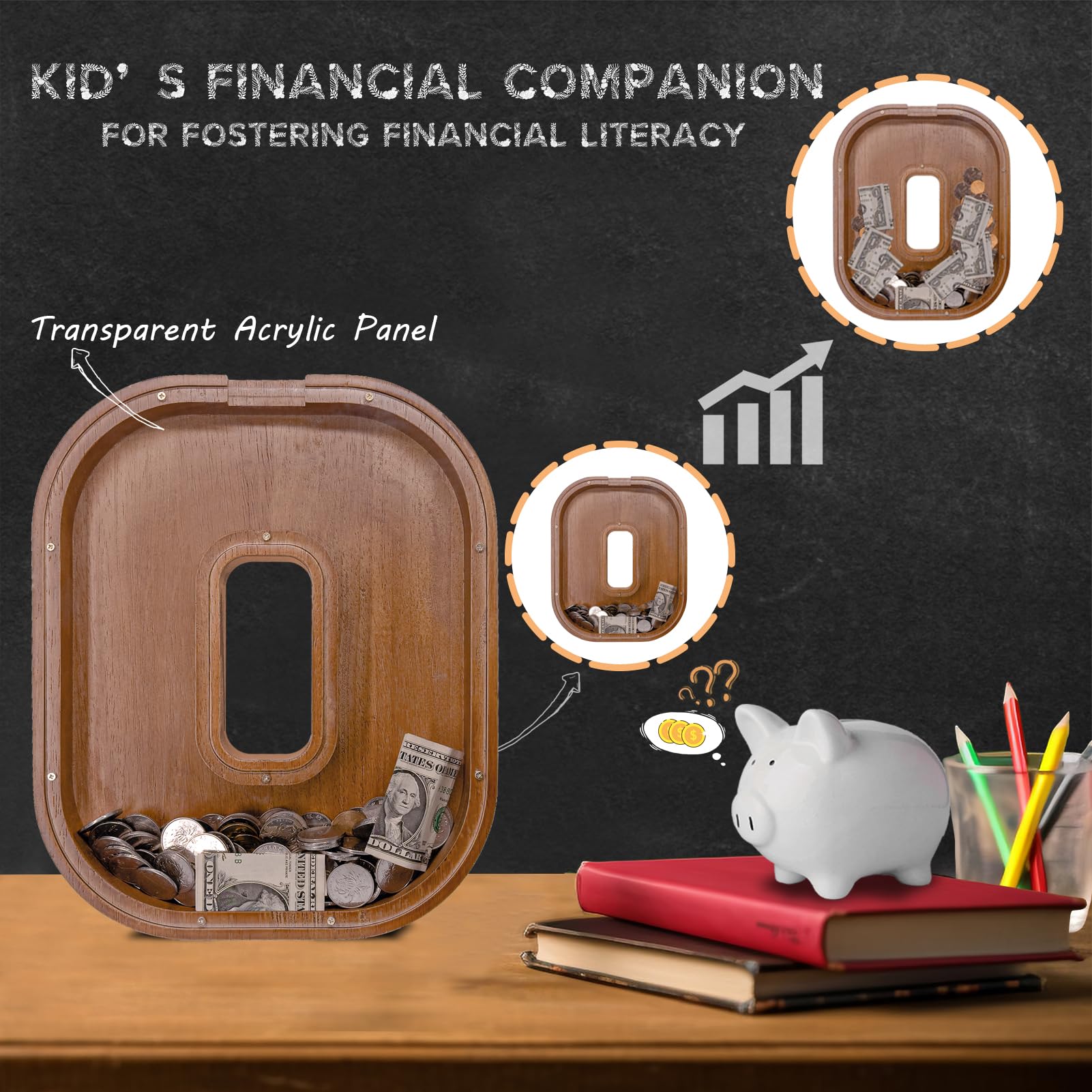 JOOMLAFLY initial-letter piggy bank with clear acrylic panel, easy visibility of savings progress
