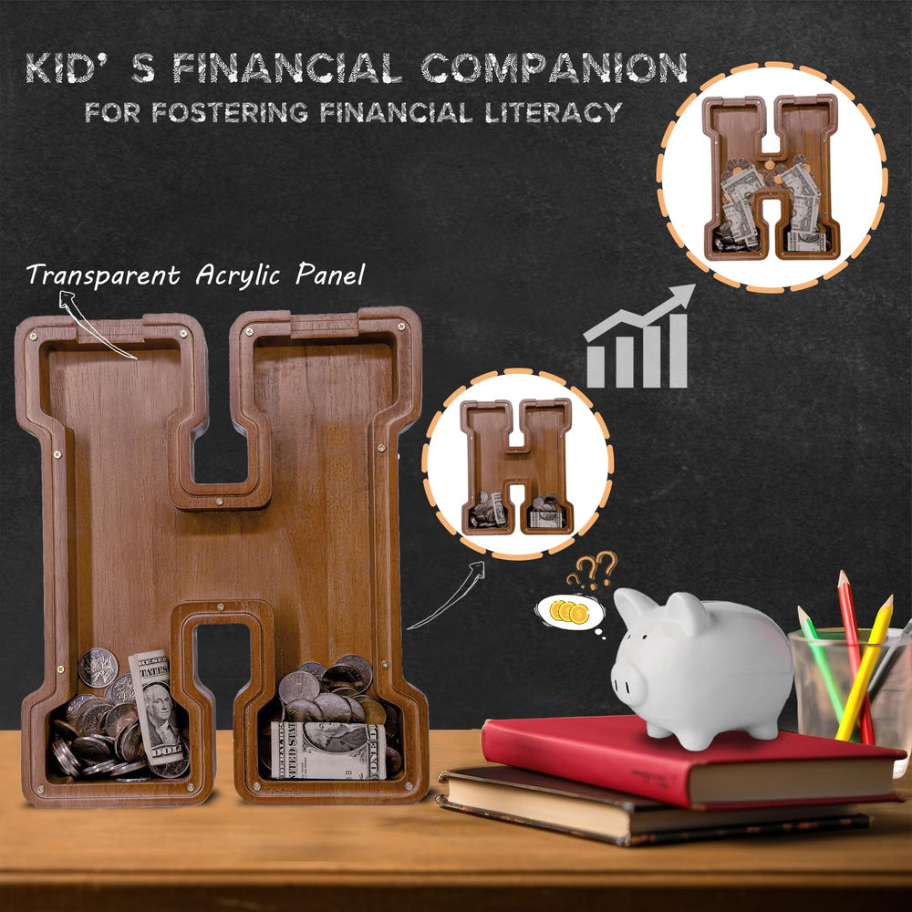 Engraved customization on JOOMLAFLY wooden piggy bank for a unique gift.
