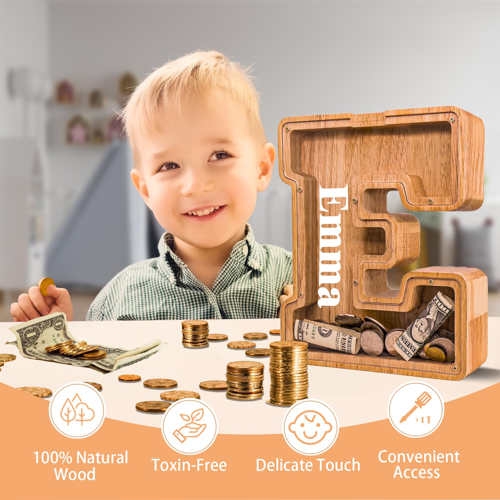 Engraved initial on JOOMLAFLY piggy bank for a personalized gift.