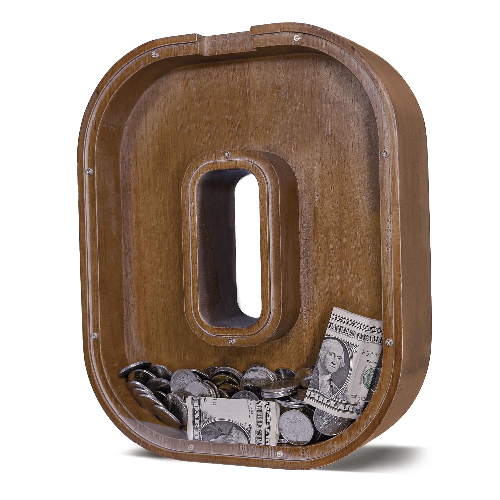 JOOMLAFLY wooden initial-letter piggy bank front view, durable design for long-lasting savings
