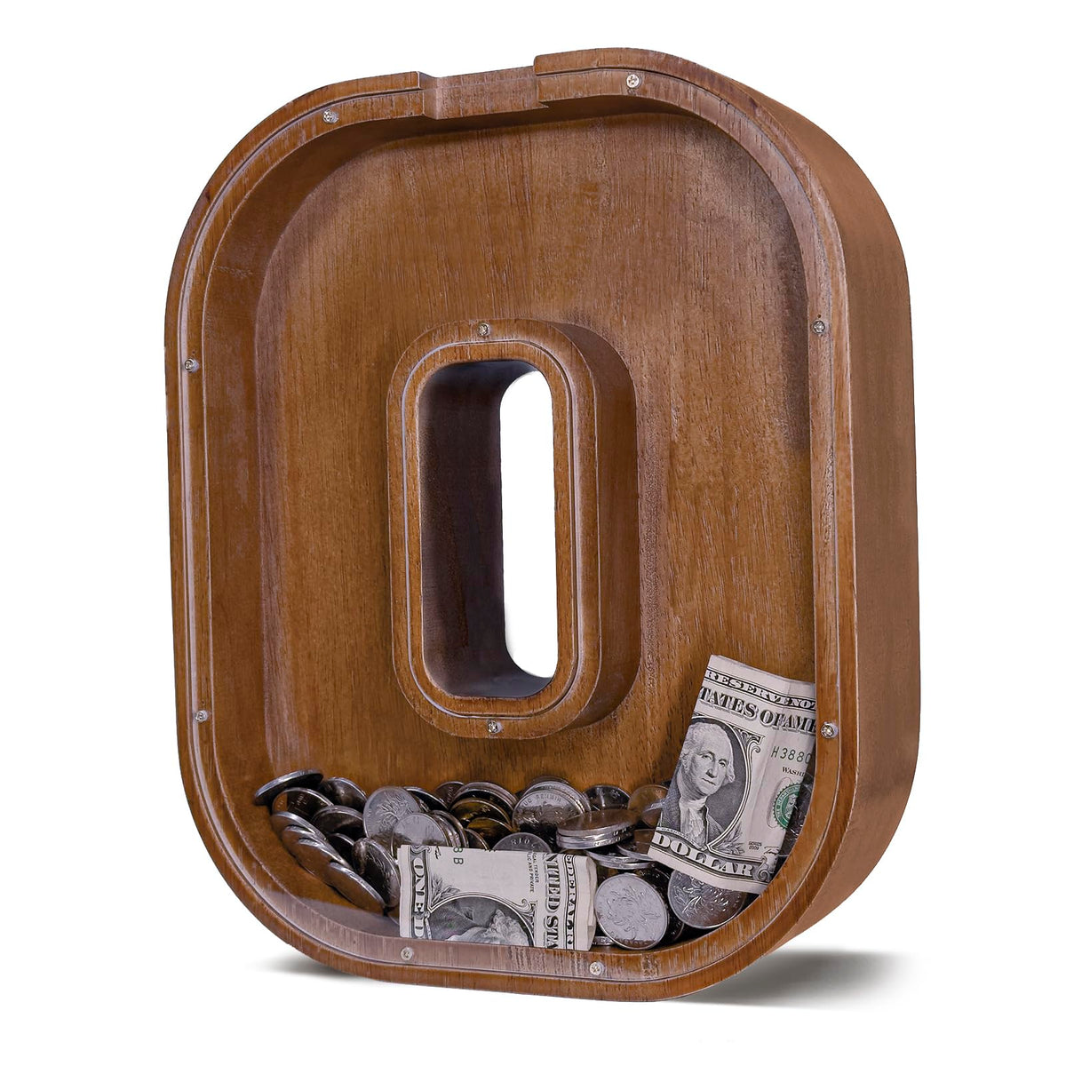 JOOMLAFLY wooden initial-letter piggy bank front view, durable design for long-lasting savings