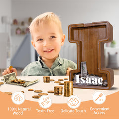 Personalization options for JOOMLAFLY wooden letter piggy bank with initial and name.