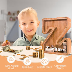 JOOMLAFLY wooden initial piggy bank side view showing durable build