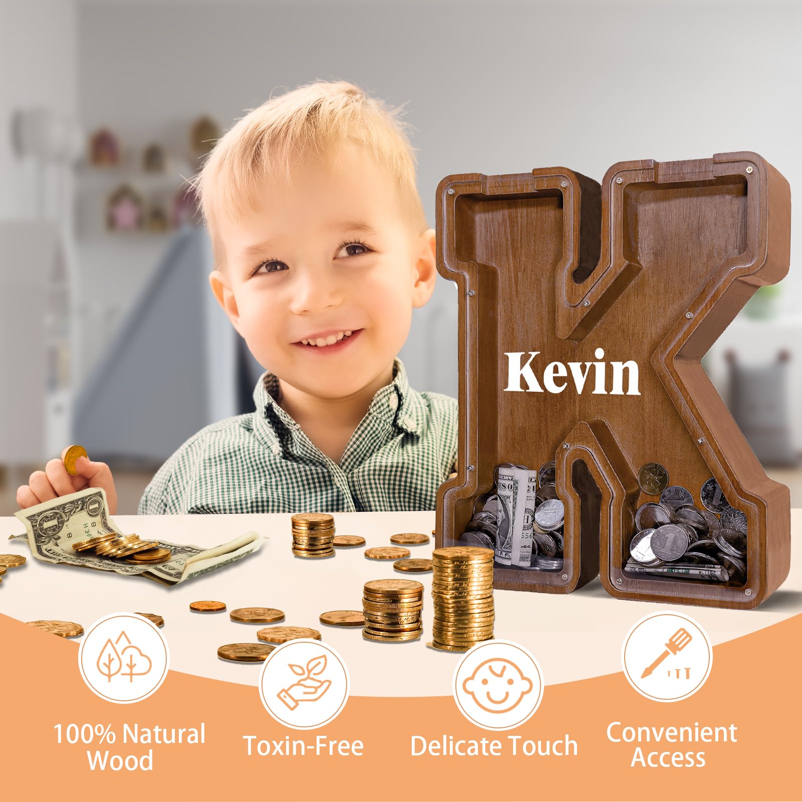 JOOMLAFLY initial piggy bank wood design encourages early financial habits