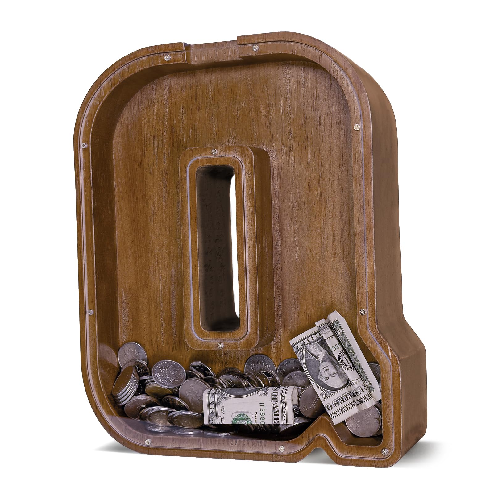 JOOMLAFLY wooden initial piggy bank with large letter design to spark saving
