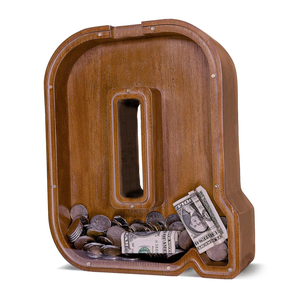 JOOMLAFLY wooden initial piggy bank with large letter design to spark saving