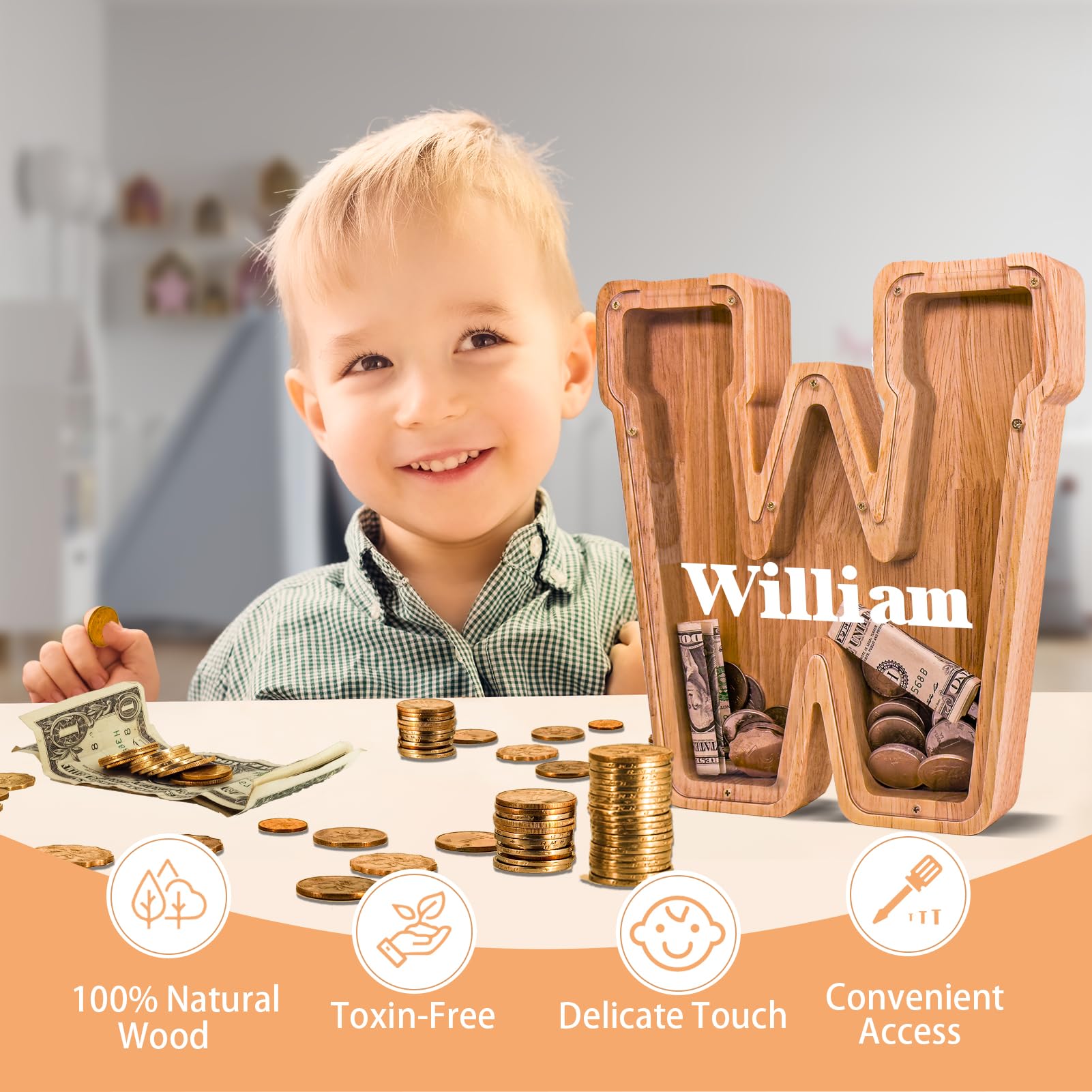 JOOMLAFLY initial piggy bank customized with a name for kids' savings
