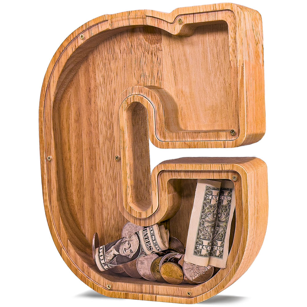 JOOMLAFLY initial piggy bank in wood boosts early money habits