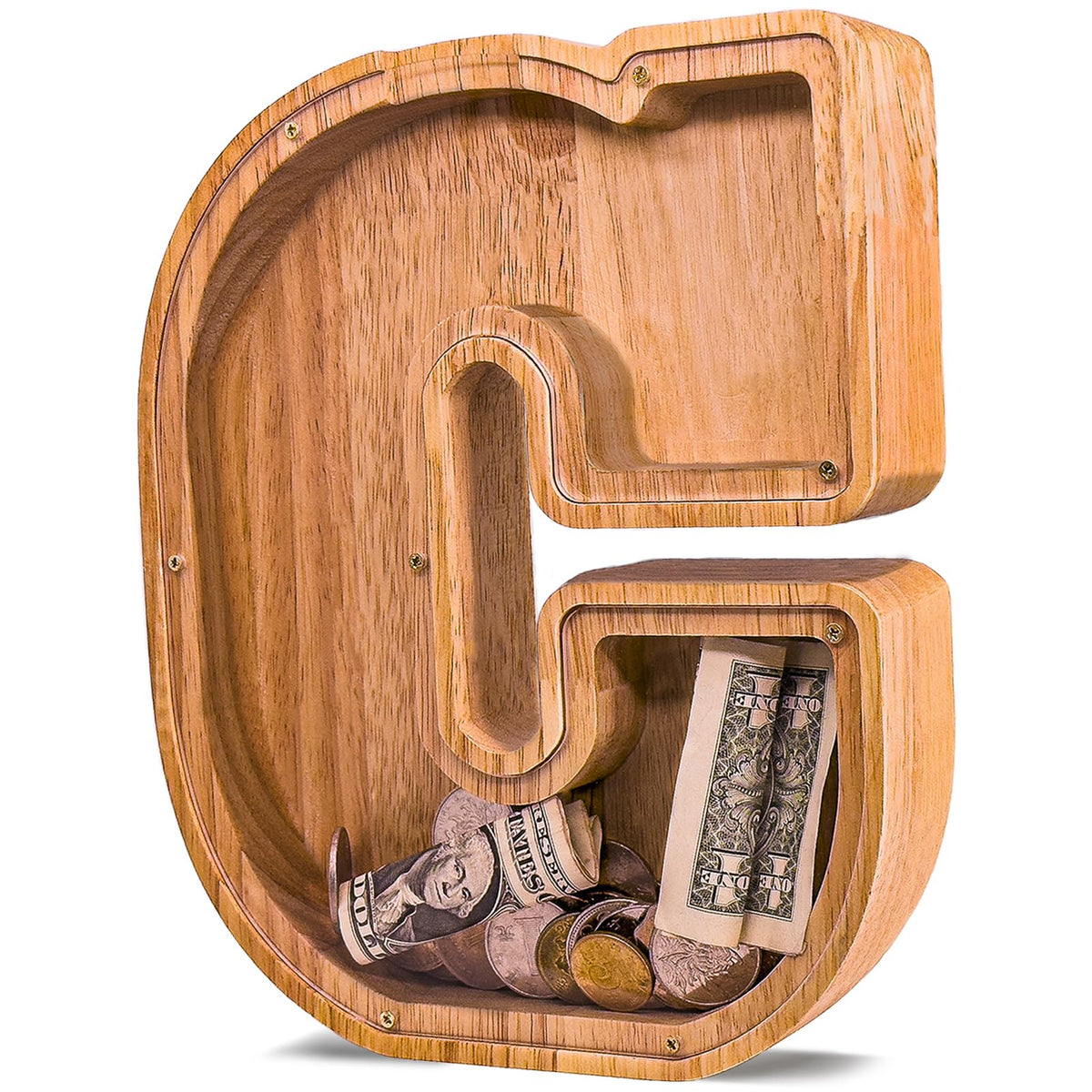 JOOMLAFLY initial piggy bank in wood boosts early money habits