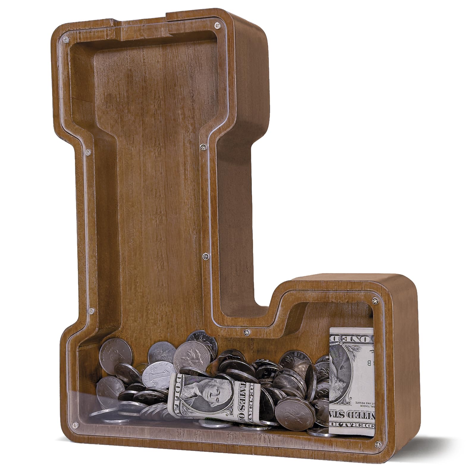 JOOMLAFLY wooden letter piggy bank front view with large capacity.