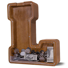 JOOMLAFLY wooden letter piggy bank front view with large capacity.