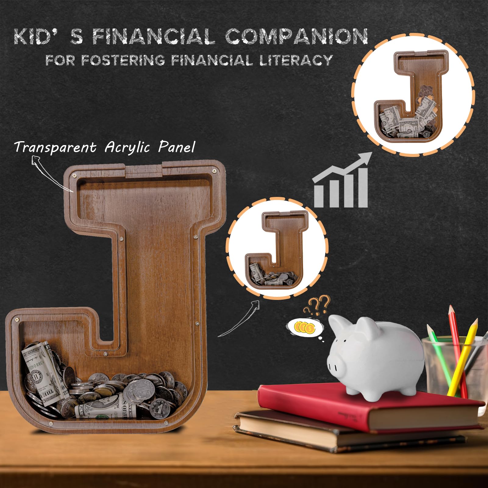 JOOMLAFLY wooden letter piggy bank with acrylic panel clearly displays savings progress.