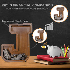 JOOMLAFLY wooden letter piggy bank with acrylic panel clearly displays savings progress.