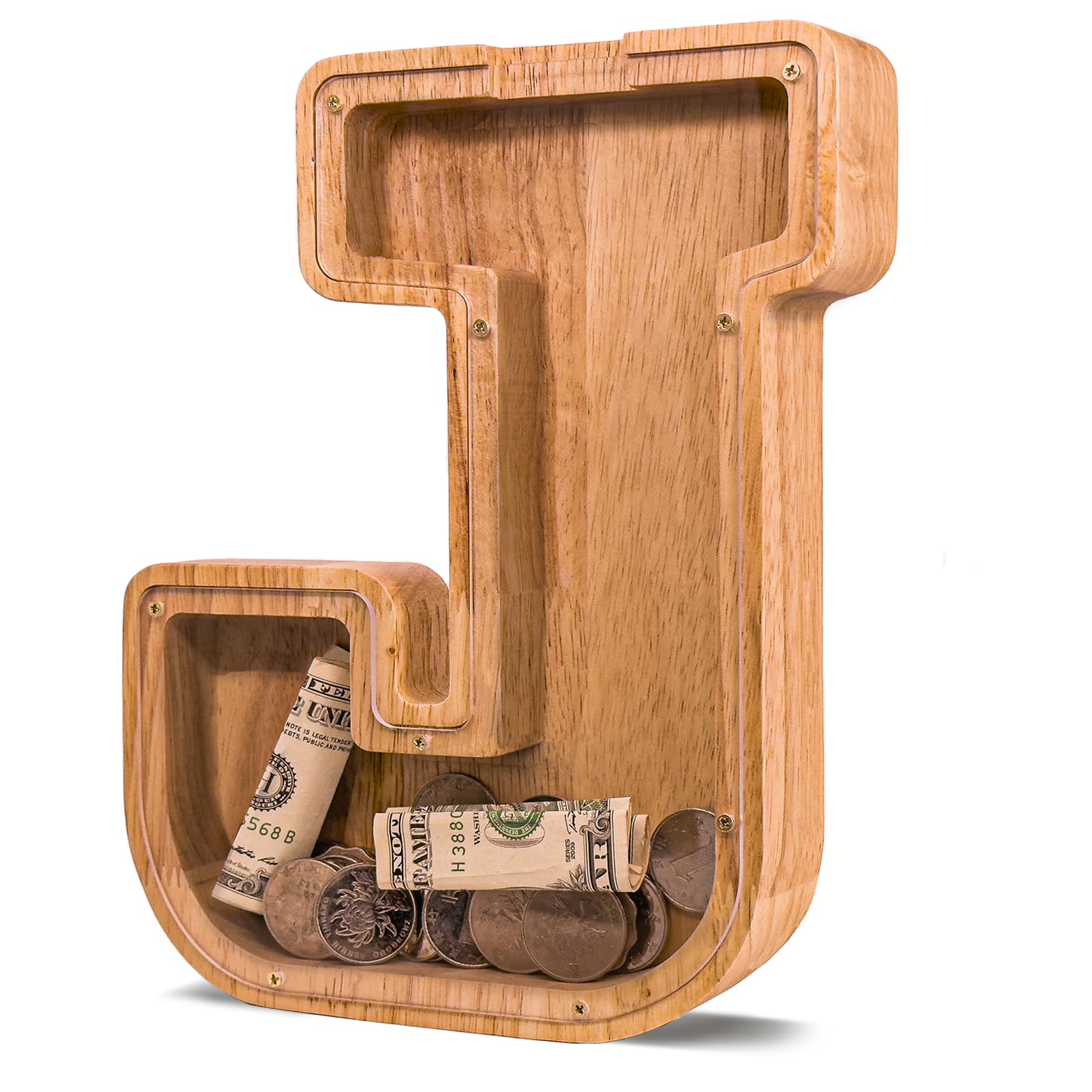 JOOMLAFLY wooden letter piggy bank front view showing natural finish and personalized charm.