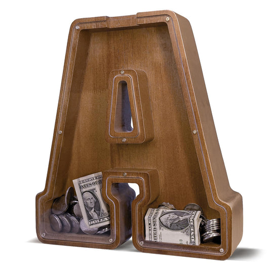 JOOMLAFLY wooden letter piggy bank front view with personalized initial and natural wood finish