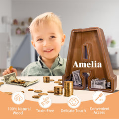 JOOMLAFLY wooden letter piggy bank side view emphasizing sturdy construction