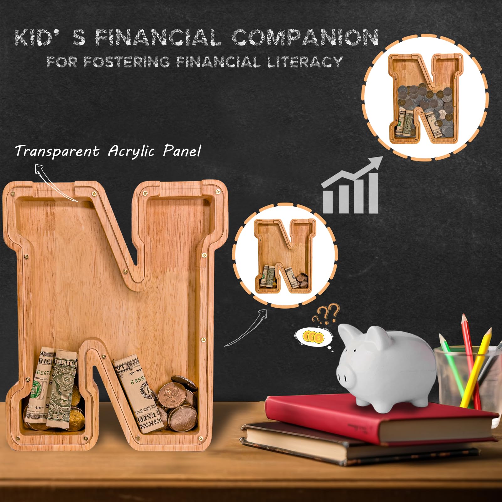 JOOMLAFLY piggy bank with translucent acrylic panel enables easy savings tracking