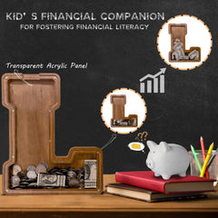 JOOMLAFLY piggy bank with transparent acrylic panel for tracking progress.