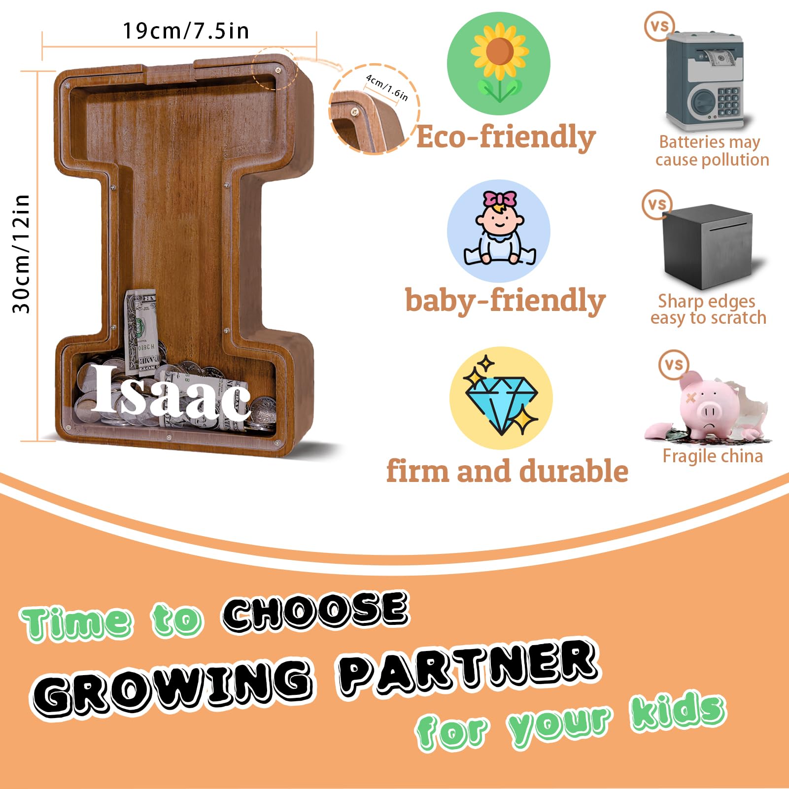Eco friendly wood finished with mineral oil and beeswax on JOOMLAFLY piggy bank.