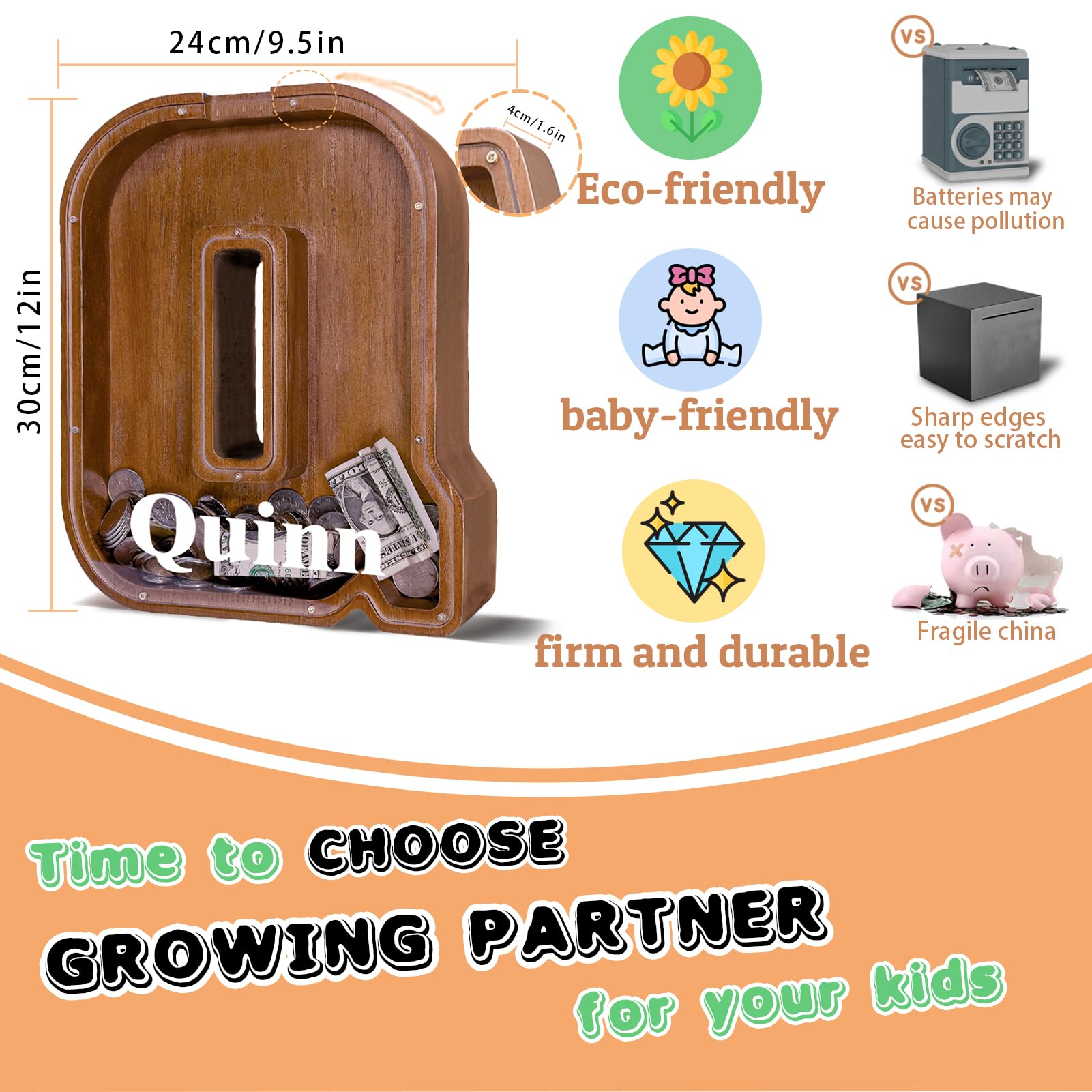 JOOMLAFLY twelve inch tall wooden piggy bank offers ample capacity