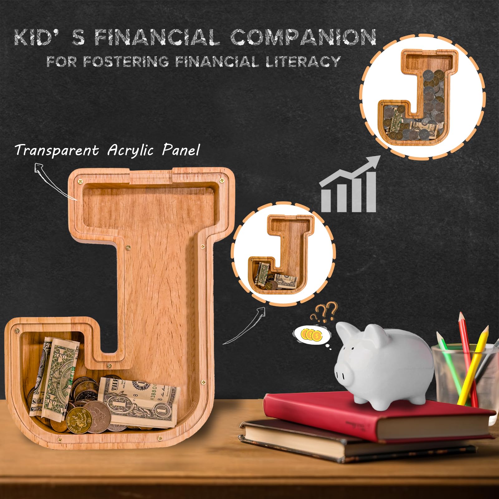 JOOMLAFLY wooden initial piggy bank close-up reveals smooth edges and fine craftsmanship.