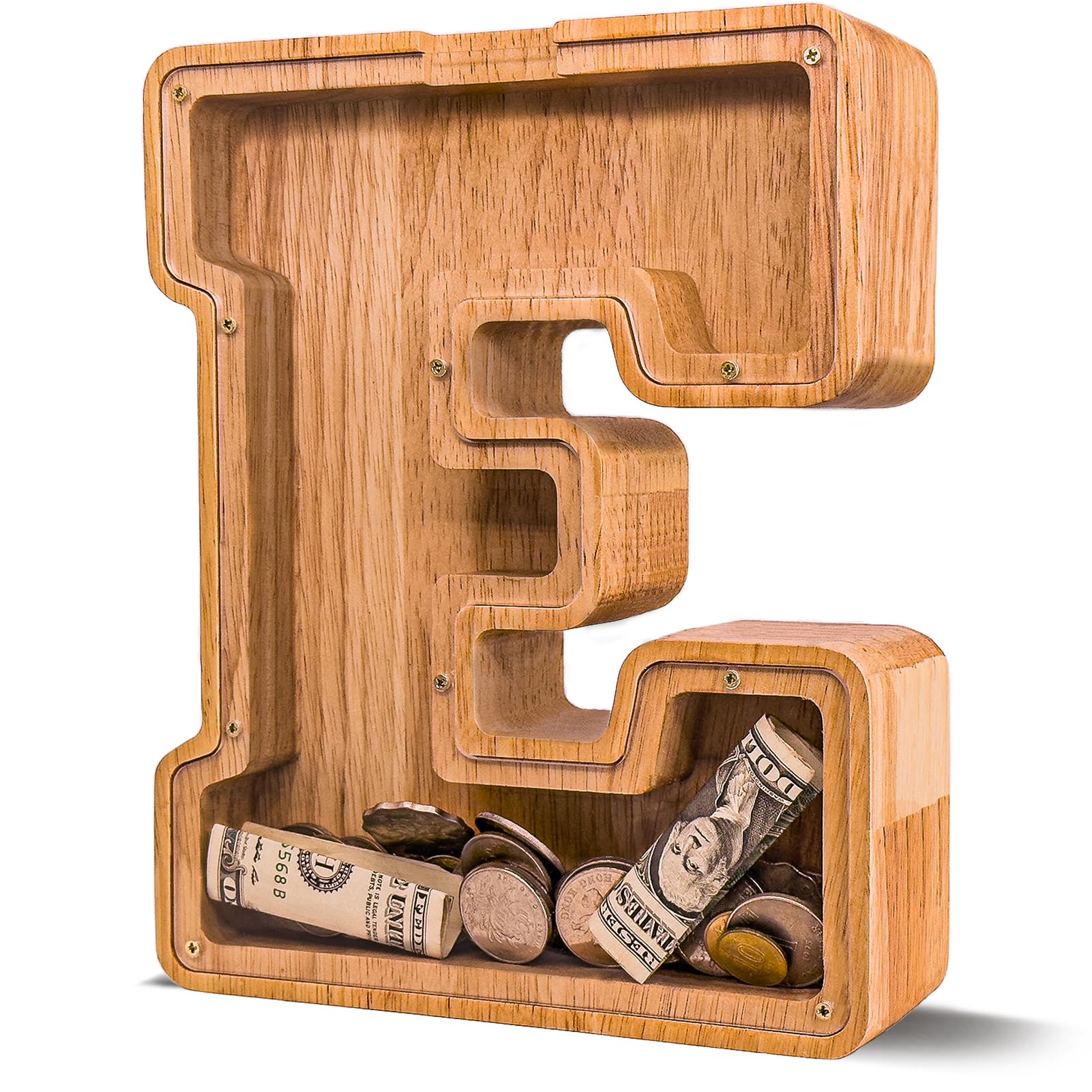 JOOMLAFLY wooden letter bank shows 9-inch height for kid-friendly savings.