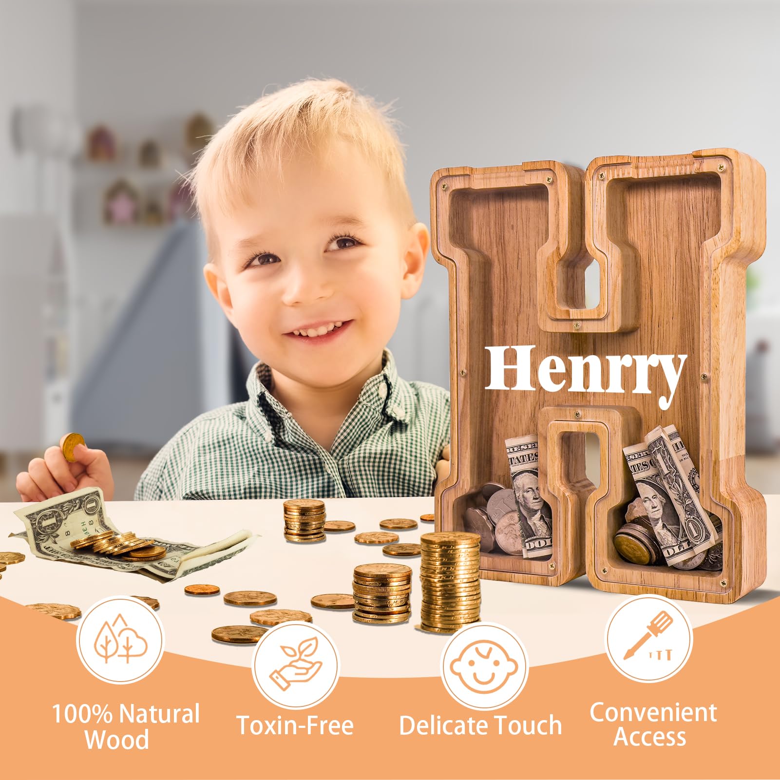 Close-up of JOOMLAFLY wooden letter bank showing smooth finish