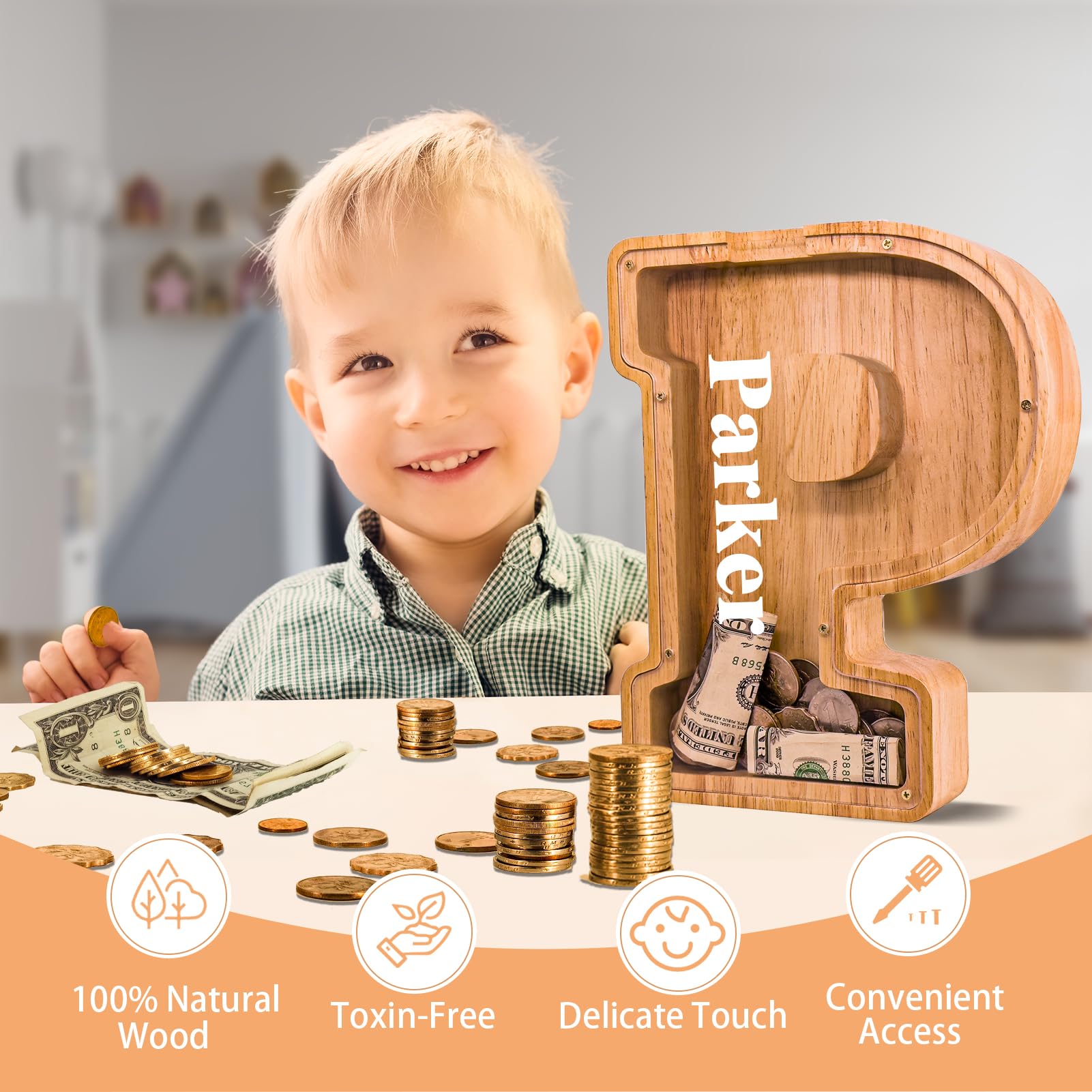 JOOMLAFLY wooden-letter-bank-kids displays a large capacity for growing savings.