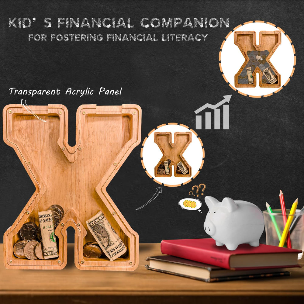 JOOMLAFLY wooden letter bank top view with accessible coin slot and playful design