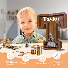 JOOMLAFLY wooden letter piggy bank stands 12 inches tall for ample coin capacity.
