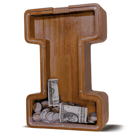 JOOMLAFLY wooden letter piggy bank, 12 inches tall, with natural wood finish.