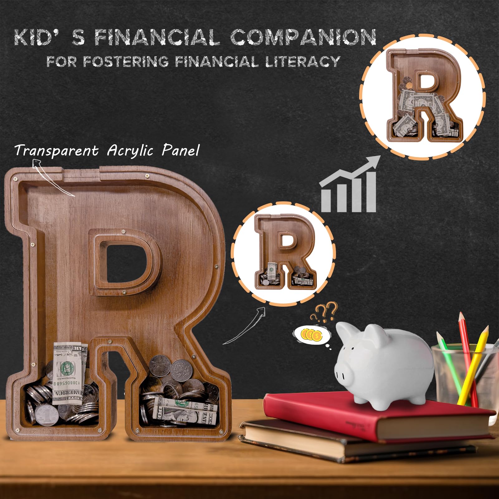JOOMLAFLY wooden letter piggy bank acrylic panel close-up reveals transparent savings tracker