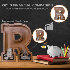 JOOMLAFLY wooden letter piggy bank acrylic panel close-up reveals transparent savings tracker