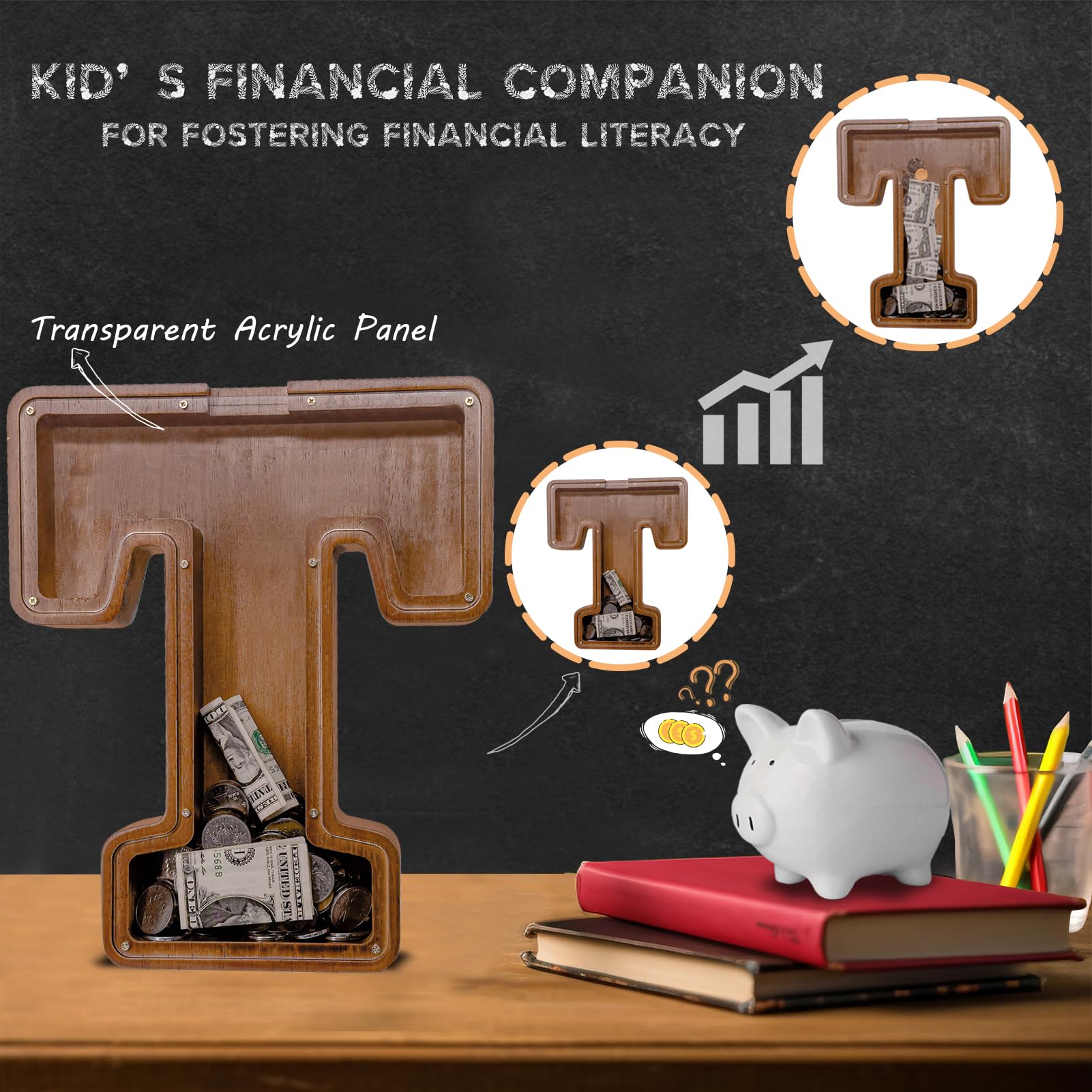 JOOMLAFLY wooden letter piggy bank features an acrylic panel to track progress.