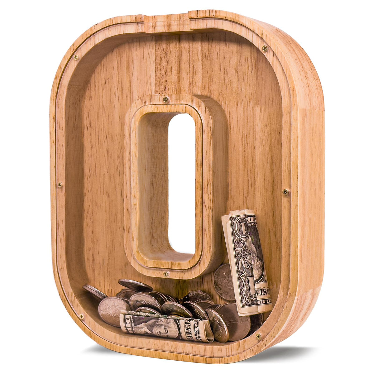 JOOMLAFLY wooden letter piggy bank with alphabet blocks promotes easy saving.
