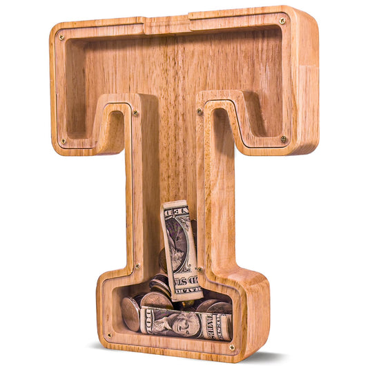 JOOMLAFLY wooden letter piggy bank with clear panel for monitoring savings