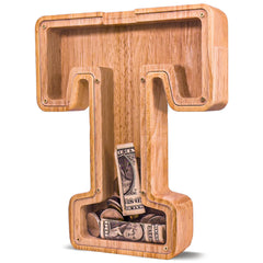 JOOMLAFLY wooden letter piggy bank with clear panel for monitoring savings