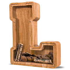 JOOMLAFLY wooden letter piggy bank close-up shows natural finish and durable craft